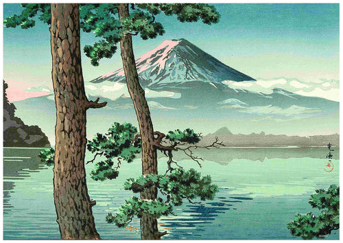 A serene landscape titled "Tsuchiya Koitsu - Fuji from Lake Kawaguchi" by the A3 brand is depicted on high-quality 250gsm Satin Paper. It showcases Mount Fuji's snow-capped peak under a clear blue sky, with the mountain reflected in a tranquil lake surrounded by lush green foliage and pine trees in the foreground. Gentle clouds encircle the mountain's midsection.