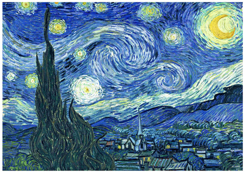 The "Starry Night by Van Gogh" poster from Blue Dog Posters showcases a classic depiction of a night sky filled with swirling blue and yellow patterns, featuring vivid, swirling stars and a crescent moon. Below, a quaint village with houses, a church steeple, and towering dark cypress trees is visible in the foreground. This beautiful artwork is printed on 250gsm satin paper in A3 size.