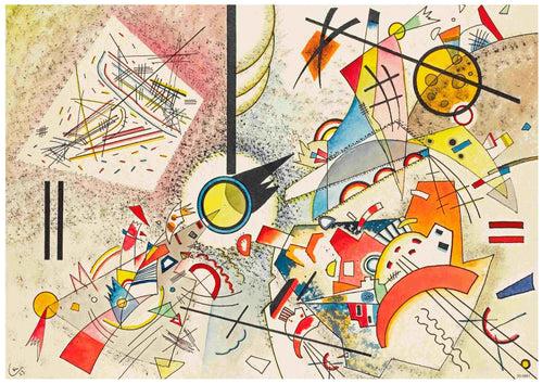 The Kandinsky - Ohne Titel 1923 by Blue Dog Posters features an abstract painting with a busy composition of geometric shapes, lines, and vibrant colors. The artwork displays a dynamic interplay of forms, including circles, triangles, angles, and varied textures. It is available as an A3 Classic Art Poster printed on high-quality 250gsm Satin Paper.