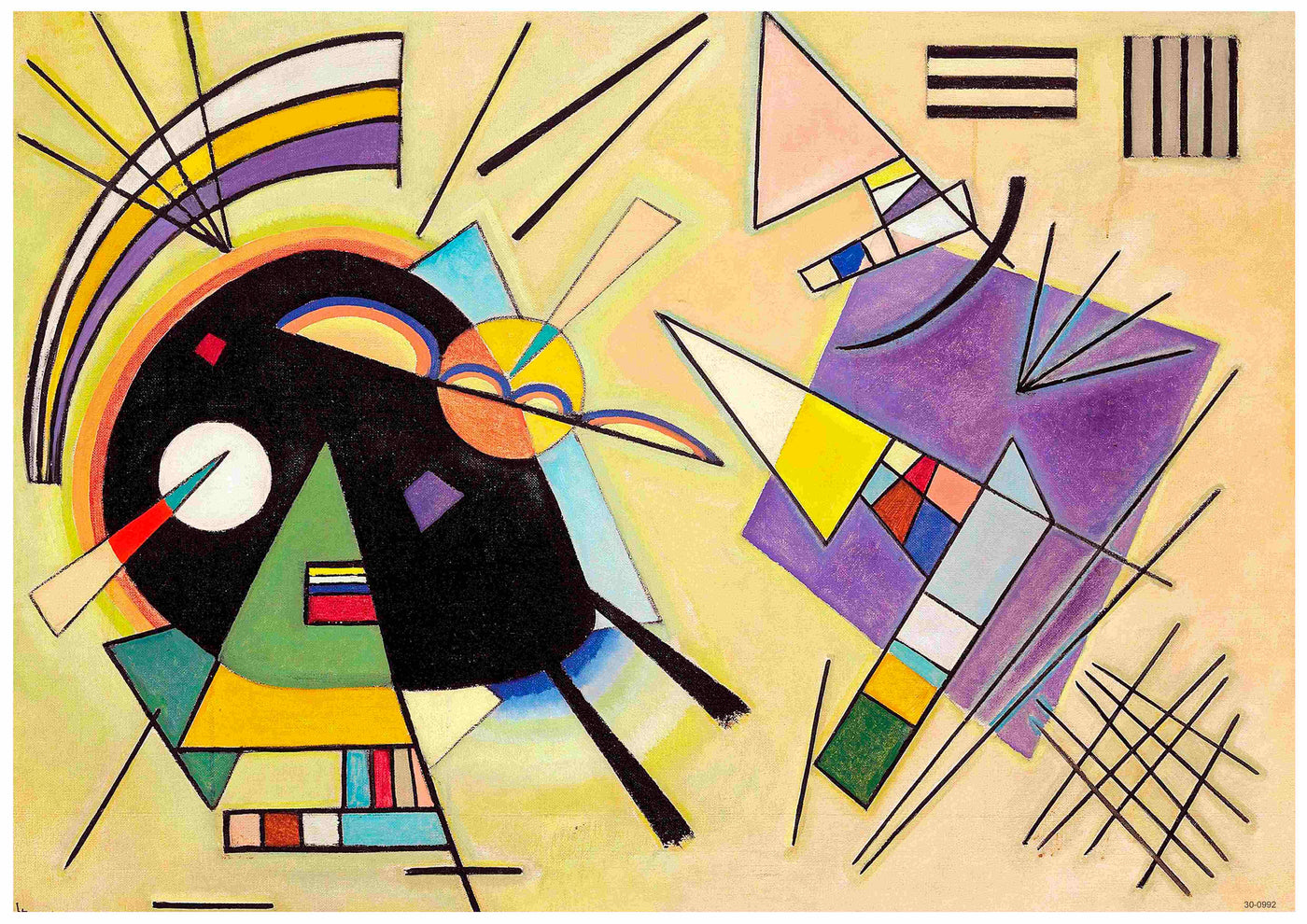 Introducing the "Kandinsky - Black & Violet 1923" by Blue Dog Posters: a vibrant abstract painting featuring geometric shapes, lines, and diverse blocks of color. Key elements include a prominent black circle, angled triangles, and intersecting lines that create an energetic composition with striking yellow, green, purple, and blue tones. This masterpiece is available as an A3 Classic Art Poster printed on high quality Satin Paper.