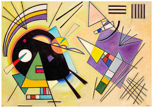 Introducing the "Kandinsky - Black & Violet 1923" by Blue Dog Posters: a vibrant abstract painting featuring geometric shapes, lines, and diverse blocks of color. Key elements include a prominent black circle, angled triangles, and intersecting lines that create an energetic composition with striking yellow, green, purple, and blue tones. This masterpiece is available as an A3 Classic Art Poster printed on high quality Satin Paper.