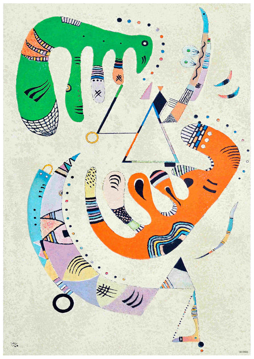 This colorful abstract artwork titled "Kandinsky - Green & Red 1940" by Blue Dog Posters features geometric shapes and intricate patterns, perfect as a classic art poster. The composition includes two large organic forms in green and orange intertwined with various lines, dots, and small shapes in a playful arrangement on high-quality 250gsm satin paper. The background is light beige.