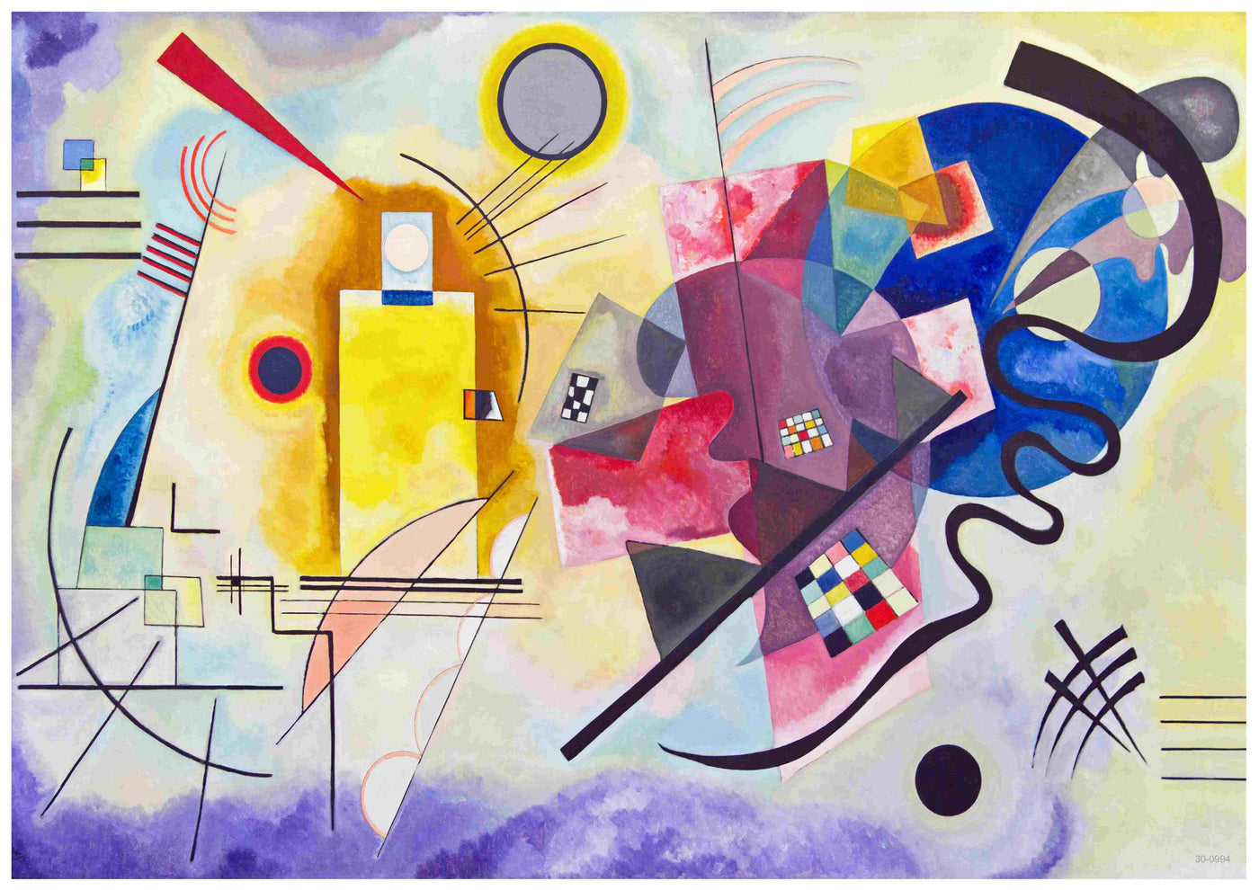 The "Kandinsky - Jaune Rouge Bleu" poster by Blue Dog Posters is an abstract painting that features various geometric shapes, lines, and vibrant colors. The composition includes squares, circles, and curved lines in hues of yellow, red, blue, and purple on high-quality 250gsm Satin Paper. Available as A3 posters for a dynamic and visually intricate design.
