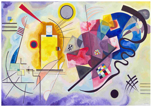 The "Kandinsky - Jaune Rouge Bleu" poster by Blue Dog Posters is an abstract painting that features various geometric shapes, lines, and vibrant colors. The composition includes squares, circles, and curved lines in hues of yellow, red, blue, and purple on high-quality 250gsm Satin Paper. Available as A3 posters for a dynamic and visually intricate design.