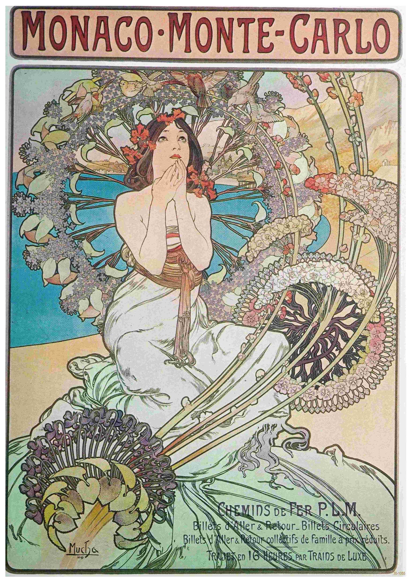 The Mucha Monaco Monte Carlo poster by Blue Dog Posters is an Art Nouveau A3 print designed by Alphonse Mucha. It depicts a woman adorned with flowers in her hair, seated and looking upwards. The scene is surrounded by intricate floral and decorative elements in pastel hues. This vintage advertisement poster is printed on 250gsm satin paper and includes text and travel information.