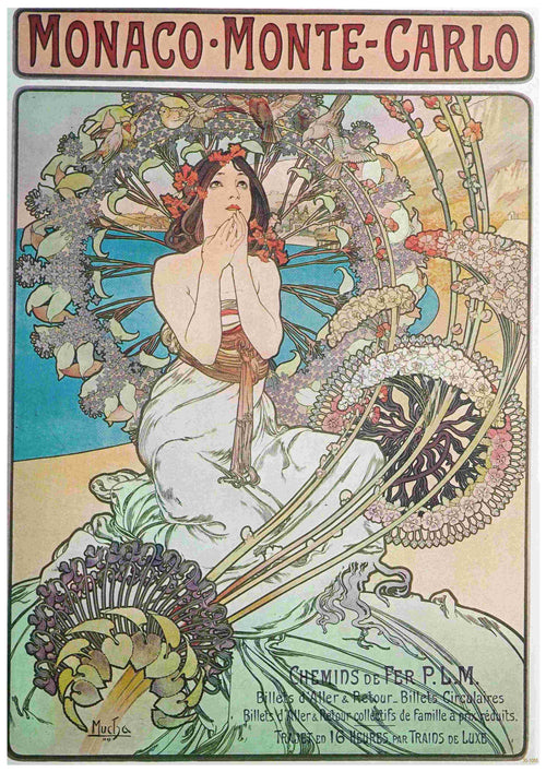 The Mucha Monaco Monte Carlo poster by Blue Dog Posters is an Art Nouveau A3 print designed by Alphonse Mucha. It depicts a woman adorned with flowers in her hair, seated and looking upwards. The scene is surrounded by intricate floral and decorative elements in pastel hues. This vintage advertisement poster is printed on 250gsm satin paper and includes text and travel information.