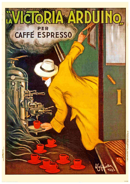 A vintage ad poster promoting La Victoria Arduino espresso machines, available from Blue Dog Posters, showcases a person in a yellow coat and white hat enthusiastically operating an espresso machine. Red cups float around them, and the text reads "La Victoria Arduino per caffè espresso." Available as A3 posters on 250gsm satin paper.