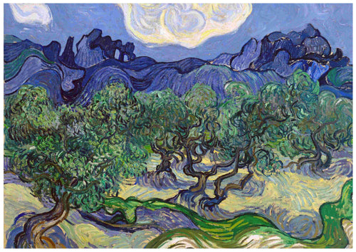 The Van Gogh Olive Trees painting, showcasing vibrant twisted trees and swirling foliage against a background of mountainous landscape and a cloud-filled swirling sky, is beautifully reproduced on high quality 250gsm Satin Paper. This classic art piece from Blue Dog Posters is available as an A3 Poster.