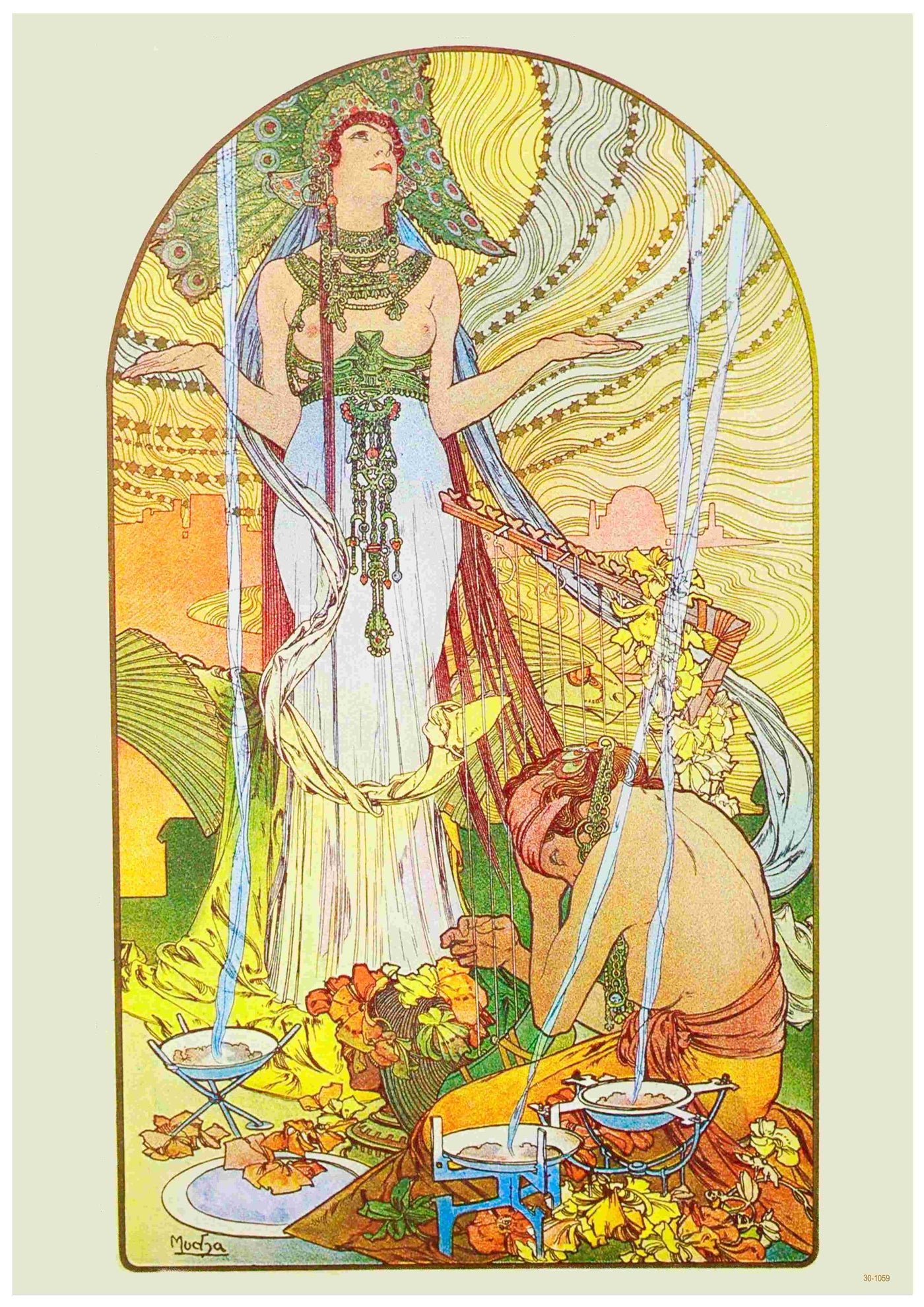 The "Mucha - Salammbo" poster by Blue Dog Posters captures a goddess-like figure adorned in a flowing dress and floral headdress, reaching upward. Below her, a kneeling figure collects flowers against an ornate backdrop. This elegant art reproduction is ideal for A3 posters on high-quality satin paper.