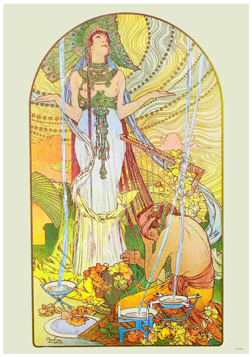 The "Mucha - Salammbo" poster by Blue Dog Posters captures a goddess-like figure adorned in a flowing dress and floral headdress, reaching upward. Below her, a kneeling figure collects flowers against an ornate backdrop. This elegant art reproduction is ideal for A3 posters on high-quality satin paper.