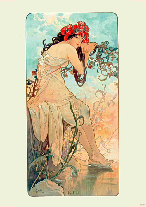 The "Mucha - Les Saisons" poster by Alphonse Mucha, offered by Blue Dog Posters, features a woman in a flowing dress adorned with red flowers in her hair. She is sitting on a rock, leaning on a branch, and gazing down at the water against a serene pastel-colored background. Available as high-quality A3 posters printed on 250gsm Satin Paper.