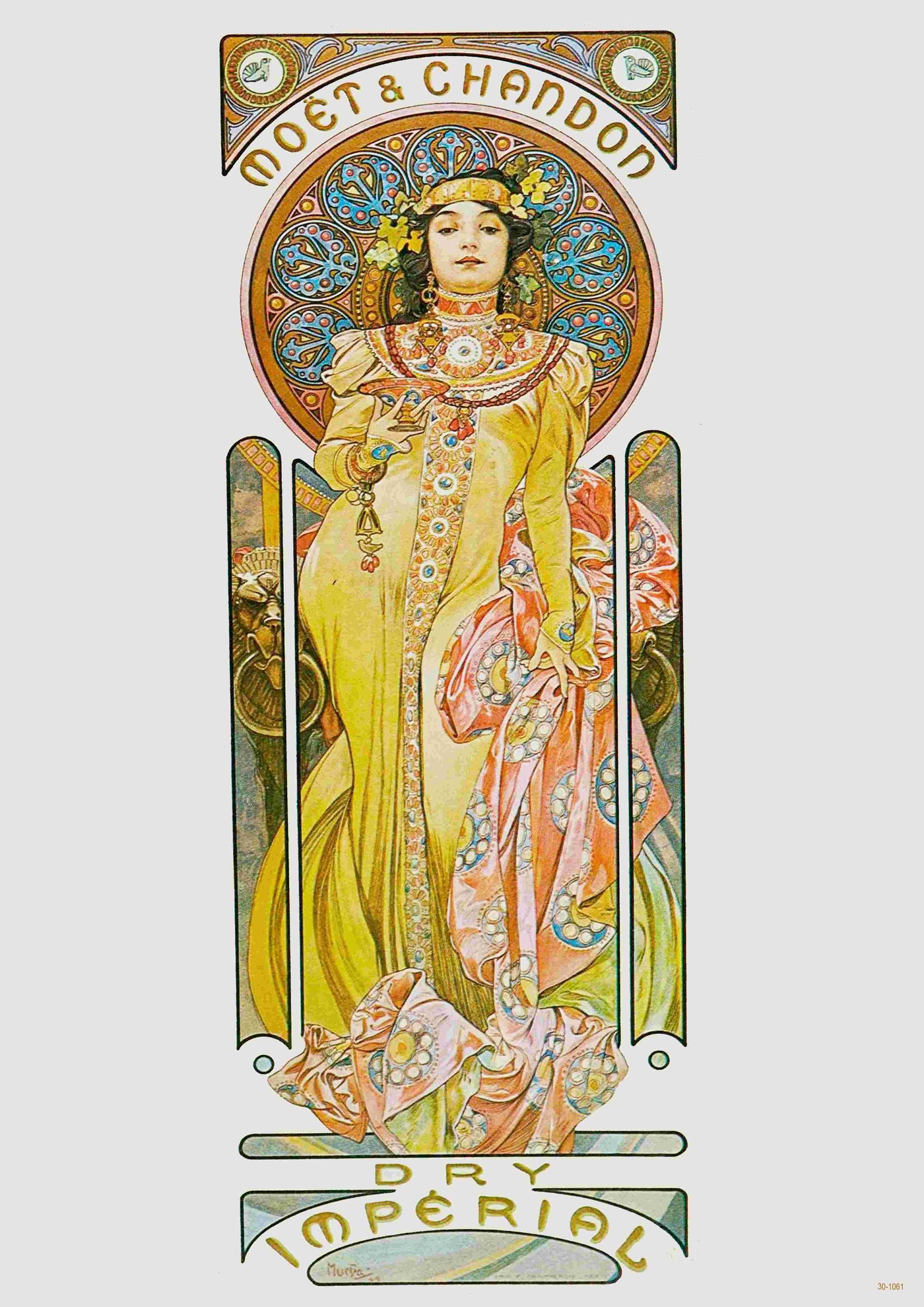 Mucha - Moet & Chandon advertisement by Blue Dog Posters, printed on 250gsm Satin Paper. This Art Nouveau piece showcases a woman in an elaborate yellow and pink dress with intricate headwear, holding a staff and adorned with jewels. She is surrounded by decorative patterns and floral designs. The text reads "Moët & Chandon Dry Imperial".