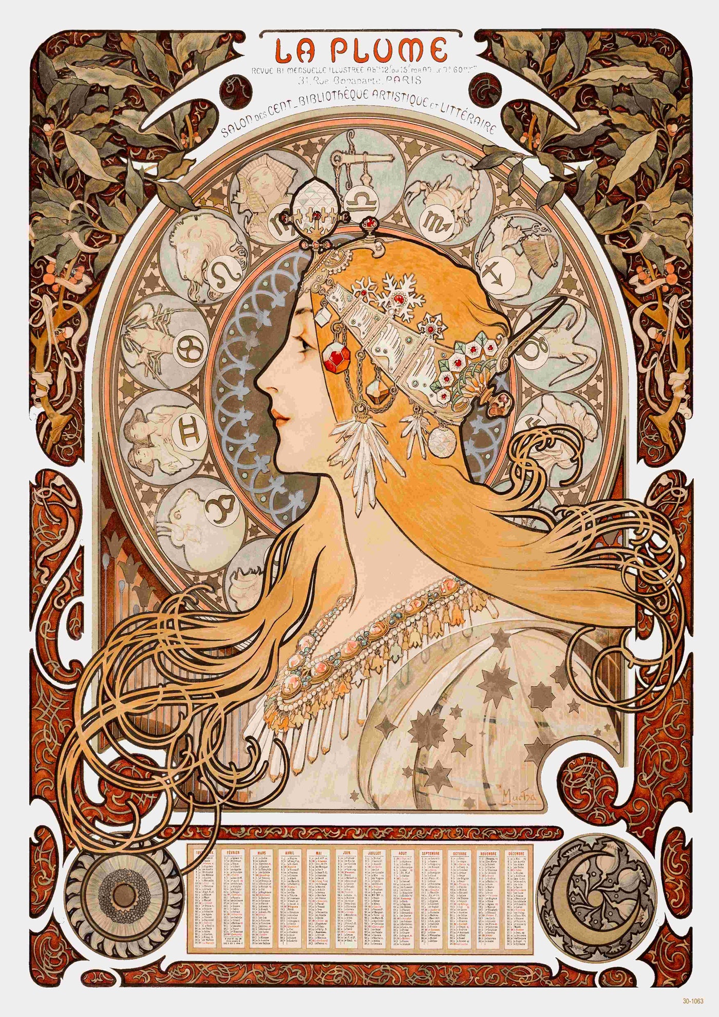 The Blue Dog Posters' "Mucha - La Plume Zodiac" features a stylized profile of a woman adorned with flowers and flowing hair. The background comprises astrological symbols and ornamental designs with rich, intricate patterns in earthy tones. Available as a Classic Art Poster on high quality 250gsm Satin Paper.