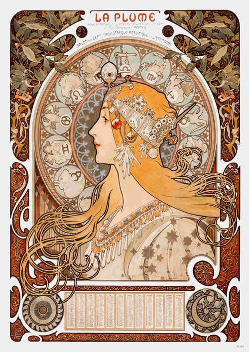 The Blue Dog Posters' "Mucha - La Plume Zodiac" features a stylized profile of a woman adorned with flowers and flowing hair. The background comprises astrological symbols and ornamental designs with rich, intricate patterns in earthy tones. Available as a Classic Art Poster on high quality 250gsm Satin Paper.