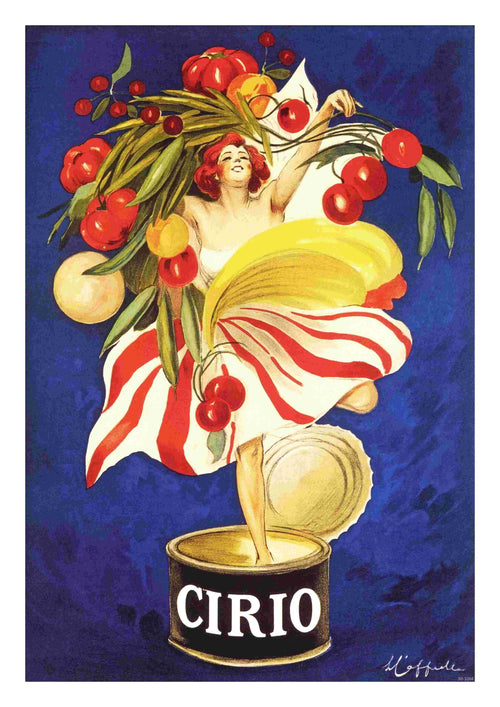 A vintage Ciro Tomatoes advertisement poster showcases a person in a flowing red, white, and yellow dress adorned with an assortment of fruits and vegetables above their head. Emerging from a tin can labeled "Ciro" against a deep blue background, this stunning artwork is part of the A3 175 Posters Collection printed on 250gsm satin paper.