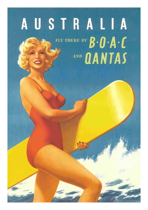 The Australia BOAC QANTAS vintage travel poster showcases a cheerful woman in a red swimsuit holding a yellow surfboard, set against a backdrop of ocean waves and a clear blue sky. This vibrant A3 175 Brand Ad Poster is printed on premium 250gsm Satin Paper, ideal for A3 posters.