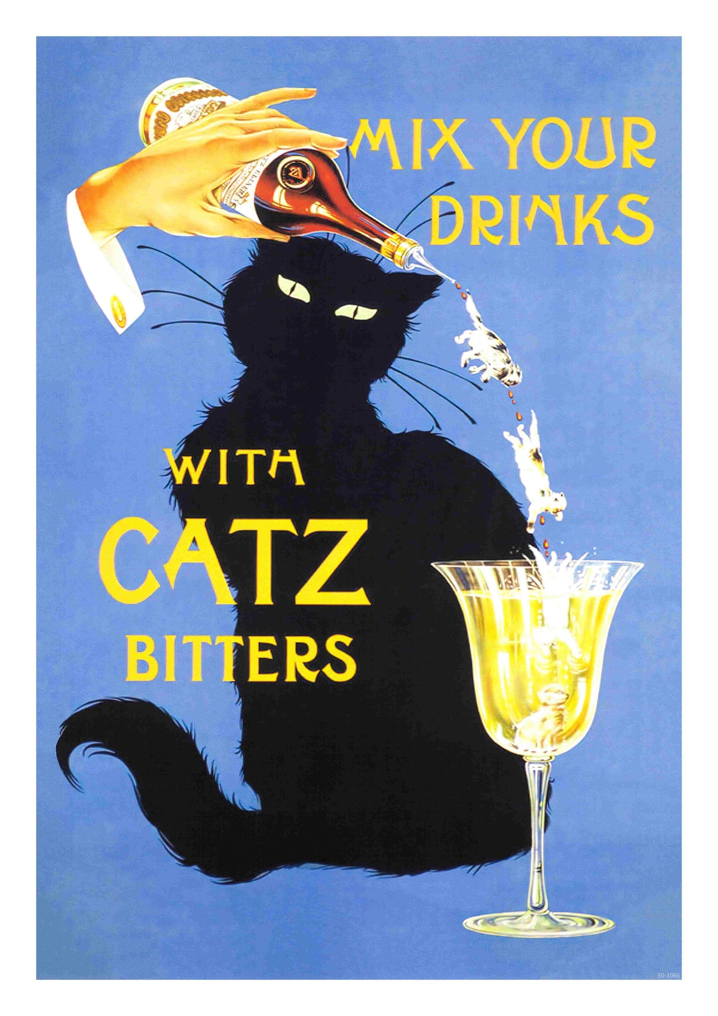 The "Mix Your Drinks - Catz Bitters" vintage-style poster, from the A3 175 collection, features a black cat sitting against a blue background. A hand pours a liquid from a brown bottle labeled "CATZ BITTERS" into a glass. The high-quality 250gsm Satin Paper showcases the text: "MIX YOUR DRINKS WITH CATZ BITTERS." The cat looks at the glass with a curious expression.