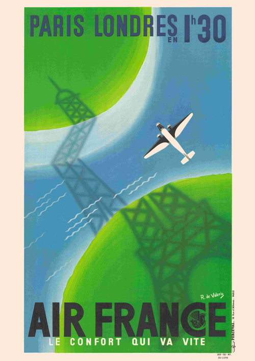 A retro travel poster from Blue Dog Posters titled "Air France - Paris to Londres" showcases a small airplane soaring over the sea, with reflections of the Eiffel Tower and Big Ben in the water. The text at the top reads: "PARIS LONDRES en 1h30" and at the bottom: "AIR FRANCE LE CONFORT QUI VA VITE.