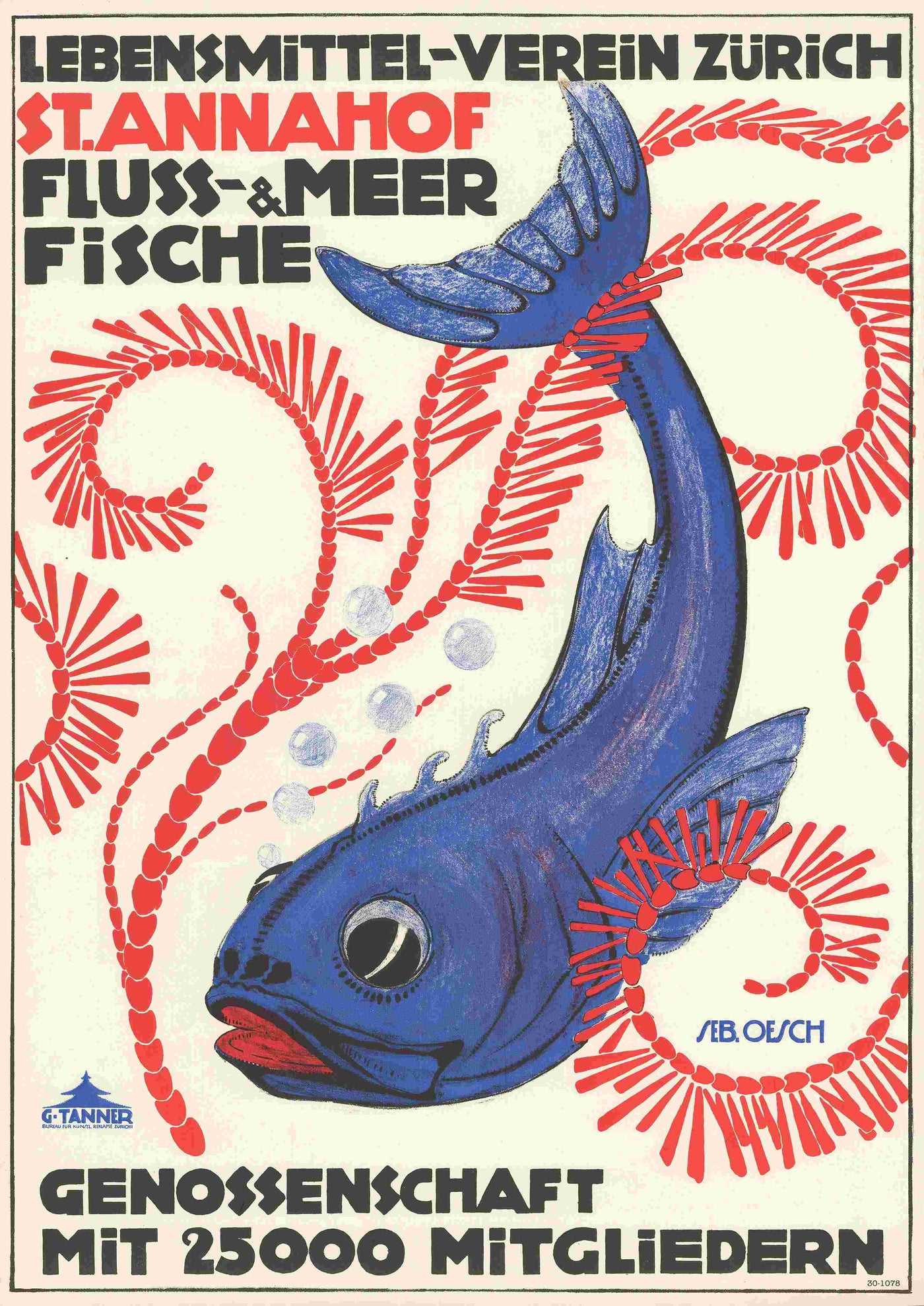 Introducing a Sebastian Oesch vintage advertising poster from Blue Dog Posters, promoting the St. Anna Hof food cooperative in Zurich. Printed on high-quality 250gsm Satin Paper, this A3 poster features an illustration of a large blue fish with a red coral design in the background. The text highlights "Fluss & Meer Fische" (river and sea fish) and mentions 25,000 members. A must-have for collectors.