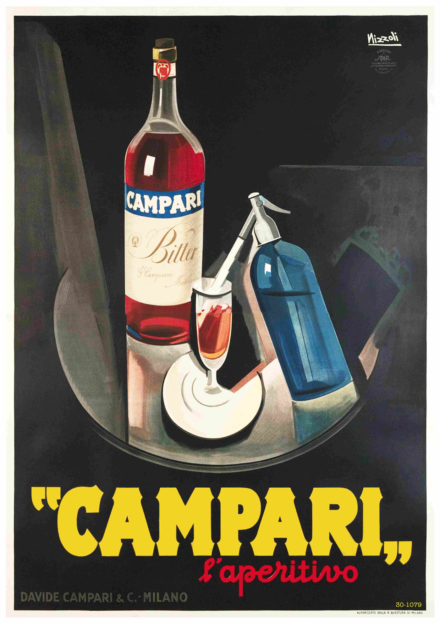 This vintage advertising poster, printed on 250gsm satin paper, features a bottle of Campari Laperitivo, a glass of the aperitif, a cocktail shaker, and a blue siphon bottle against a dark background. Bold yellow text at the bottom reads "CAMPARI l'aperitivo," with the manufacturer's details at the lower left under Brand Name: A3 091.
