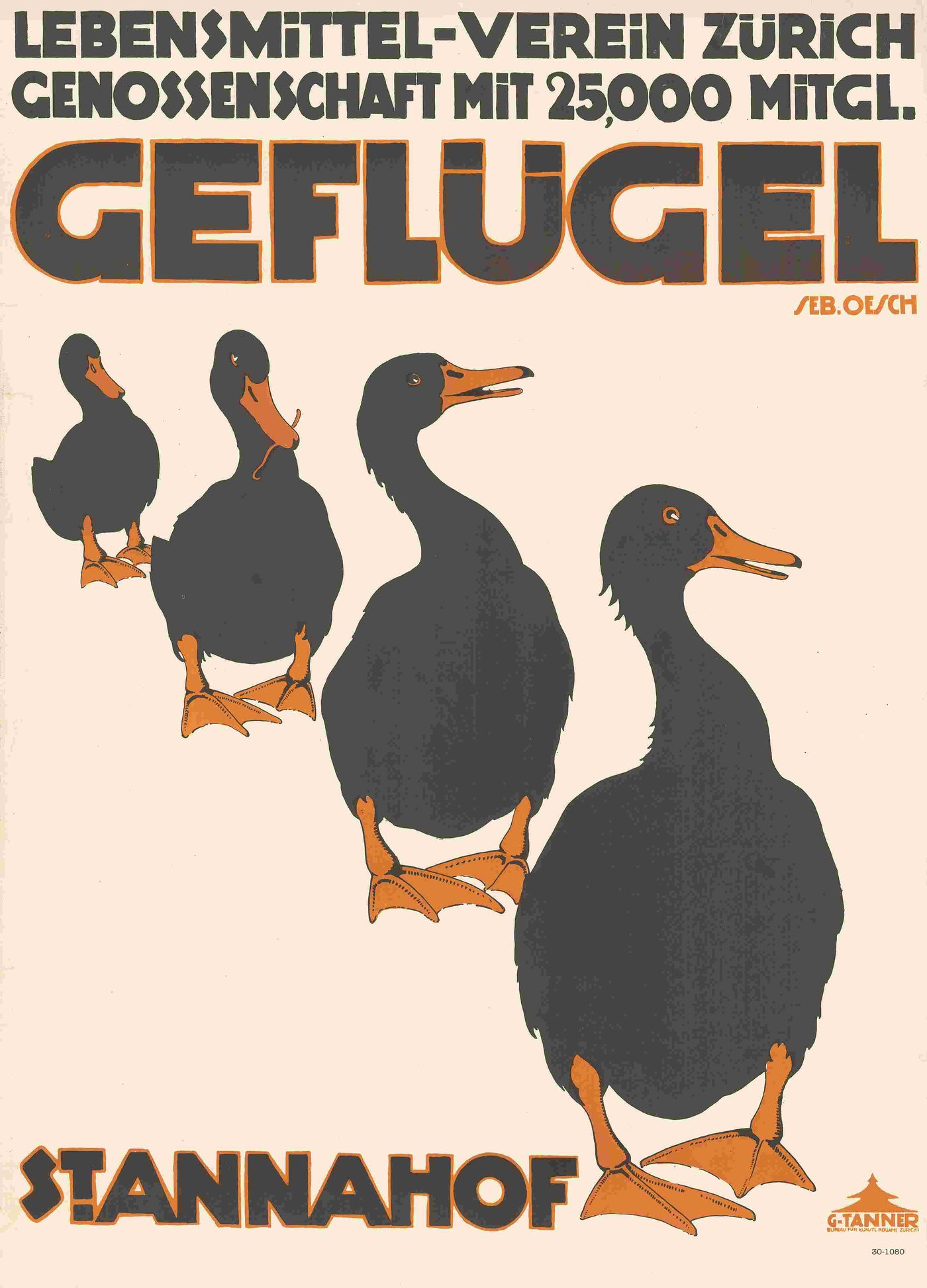 The "Sebastian Oesch - Swiss Ducks" poster by Blue Dog Posters depicts four stylized duck silhouettes in a line against a light background. The bold ornamental text reads: "LEBENSMITTEL-VEREIN ZÜRICH GENOSSENSCHAFT MIT 25,000 MITGL. GEFLÜGEL STANNAHOF.