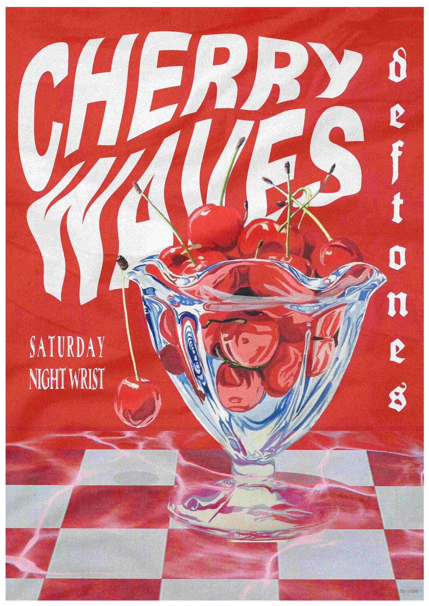 A Blue Dog Posters vintage-style design showcases a glass bowl of cherries on a red and white checkered surface, featuring bold "Deftones - Cherry Waves" text with the words "Saturday Night Wrist" against a red background.
