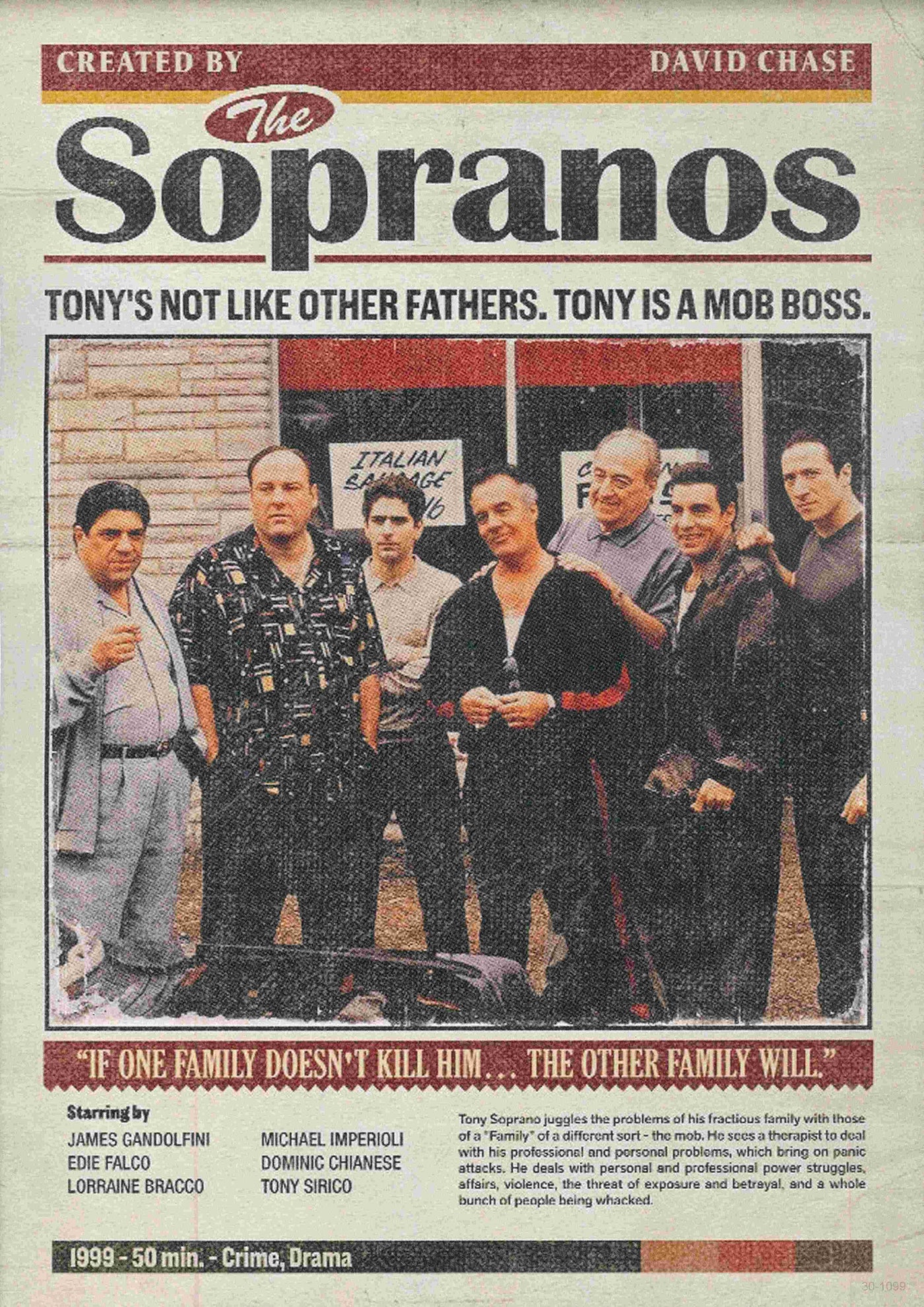 Blue Dog Posters offers a vintage-style "The Sopranos" poster showcasing a group of serious-looking men and a woman. The design highlights Tony as a mob boss with quotes about family, including details about the cast and creator.