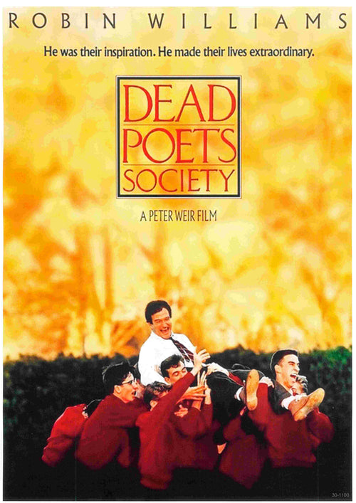 The "Dead Poets Society" poster from Blue Dog Posters features students in red sweaters lifting a jubilant teacher, all set against a softly focused autumn backdrop. The design includes the movie title and tagline, prominently showcasing Robin Williams.