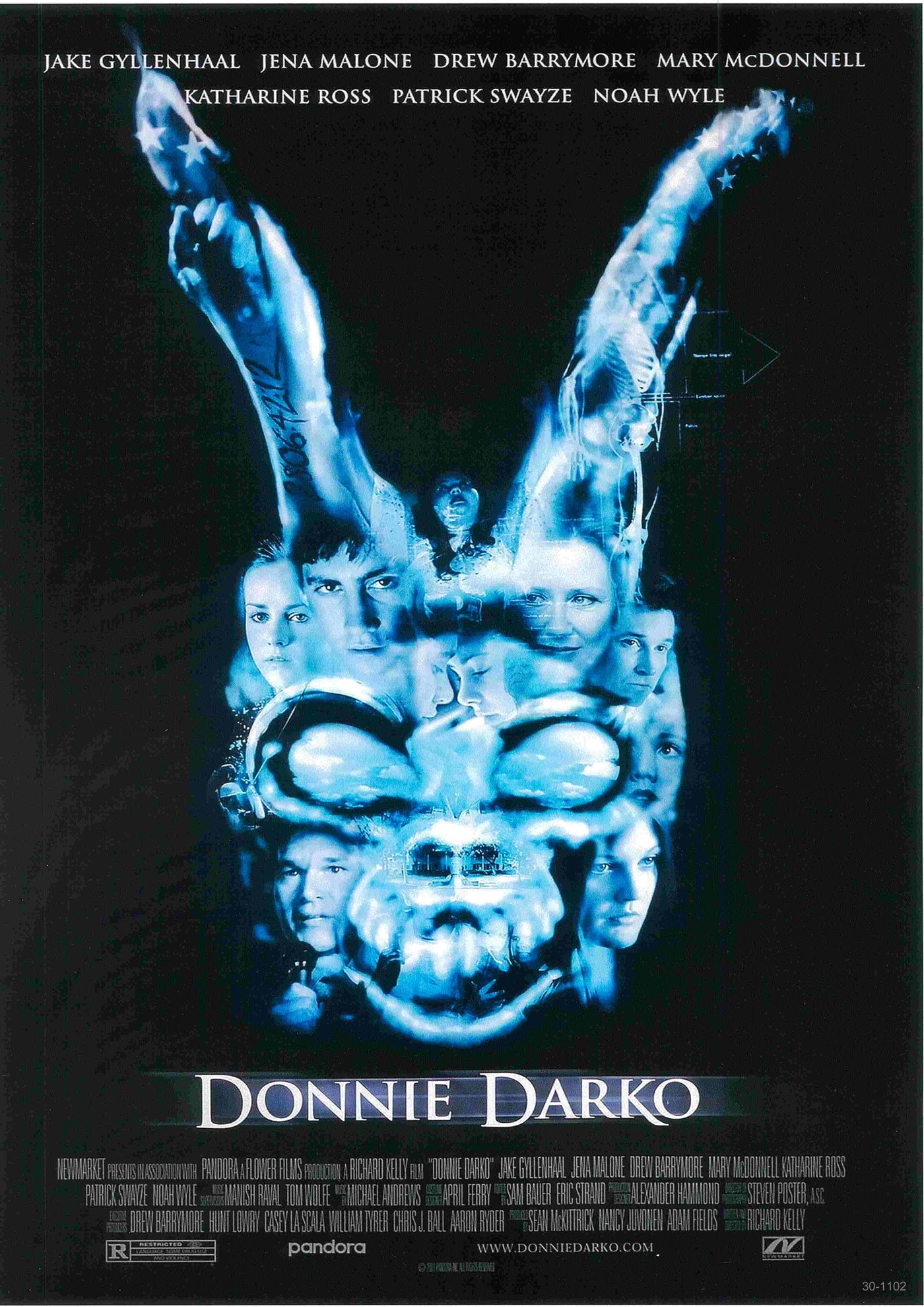 Here's a revised version of the sentence using the given product data:
A Blue Dog Posters design for "Donnie Darko" showcases a prominent rabbit head made of blue smoke, with character faces subtly appearing within it. The top and bottom display the cast names and movie title.