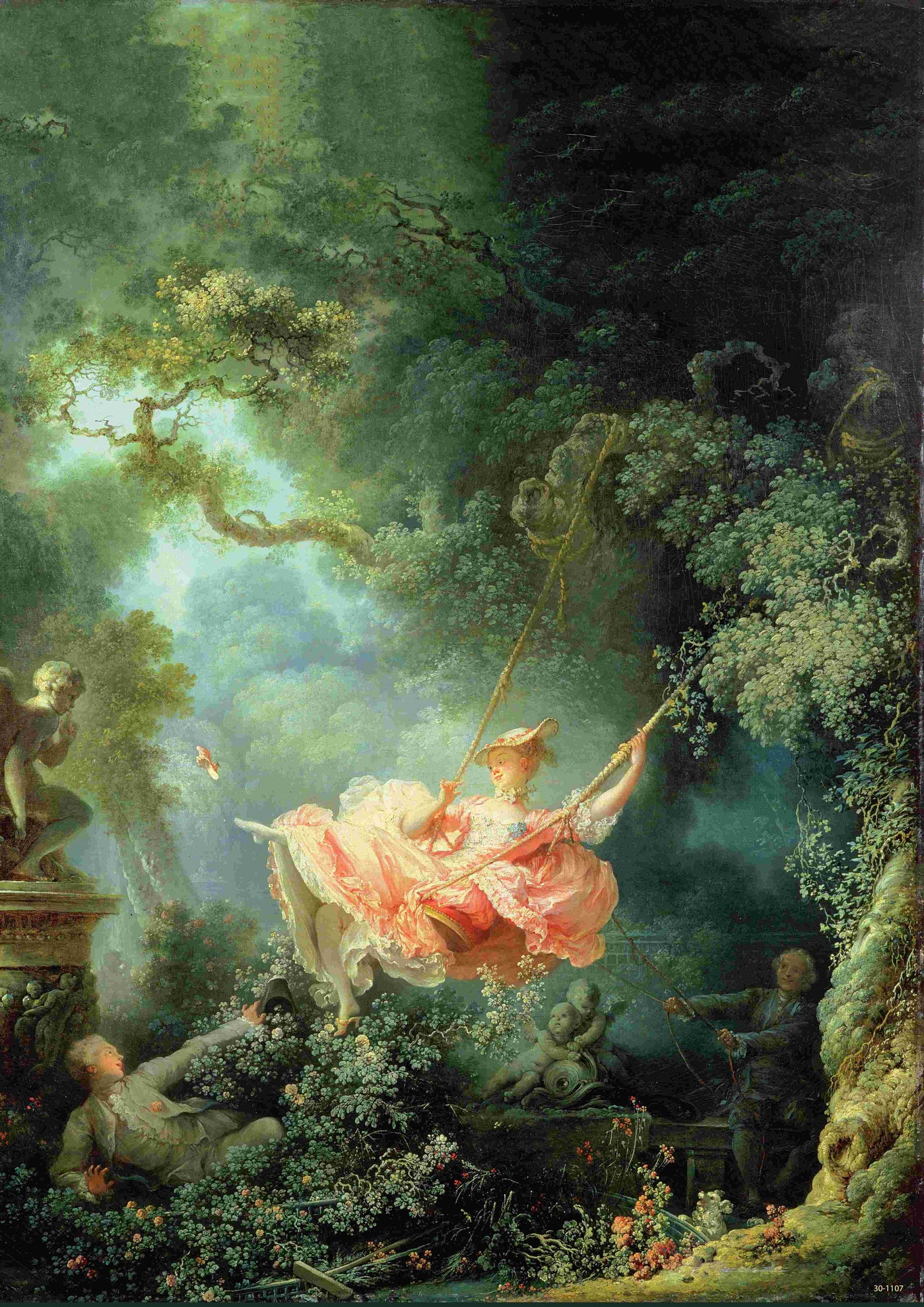 A joyful woman in a pink dress swings from a tree in a lush garden, watched by two men, one concealed in bushes. Sunlight filters through statues and greenery, crafting a whimsical and romantic scene depicted in "The Swing by Fragonard," available from A3.
