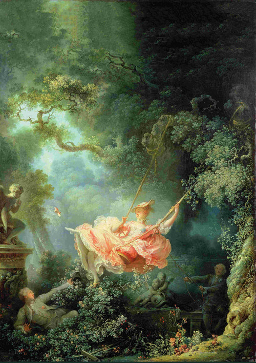 A joyful woman in a pink dress swings from a tree in a lush garden, watched by two men, one concealed in bushes. Sunlight filters through statues and greenery, crafting a whimsical and romantic scene depicted in "The Swing by Fragonard," available from A3.
