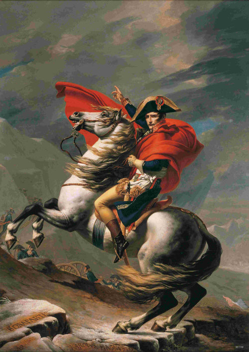 The painting "Napoleon Crossing the Alps" by Jacques Louie David, from A3, depicts a dramatic scene of a man in military uniform on a rearing white horse, wearing a bicorne hat and red cape while pointing ahead against a mountainous backdrop with cloudy skies.