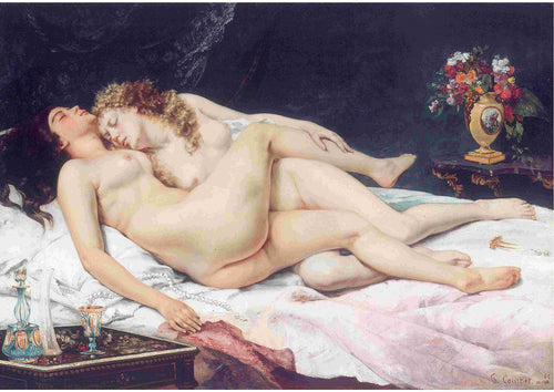 The Sleepers by Gustave Courbet, offered by A3, depicts two intertwined nude women on white sheets; one with dark hair and the other blonde. A nearby table has a vase of colorful flowers and various objects against a dark background.
