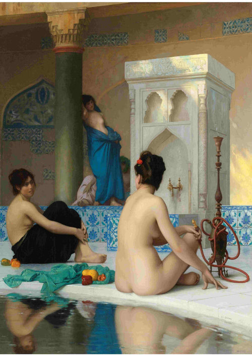After the Bath by Jean Leon Gerome, from A3, depicts three women in a luxe hammam: two near a pool, one with a black cloth and hookah, the other wrapped in blue; all surrounded by decorative tiles and ornate architecture.