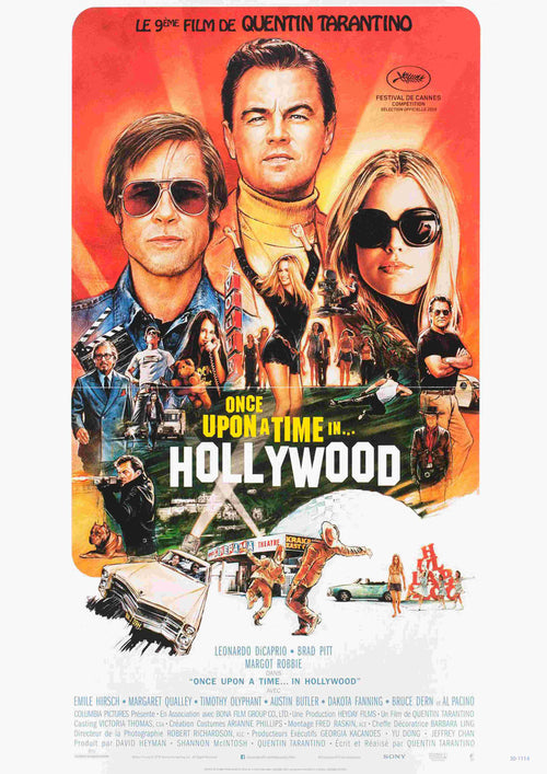 A stylized movie poster for "Once Upon a Time In America" by A3 features illustrated portraits of characters in 1960s attire, with a background showcasing a car, motorcycle, and the Hollywood sign. The director's name and film title are displayed at the top.