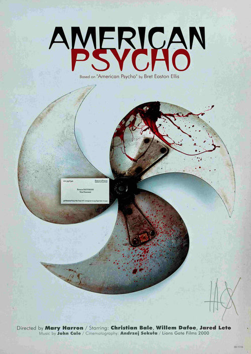 A blood-splattered business card is stuck on a large, blood-stained axe blade. Above, "American Psycho" by A3 is displayed, based on Bret Easton Ellis' book. Director and actors' details are listed below.