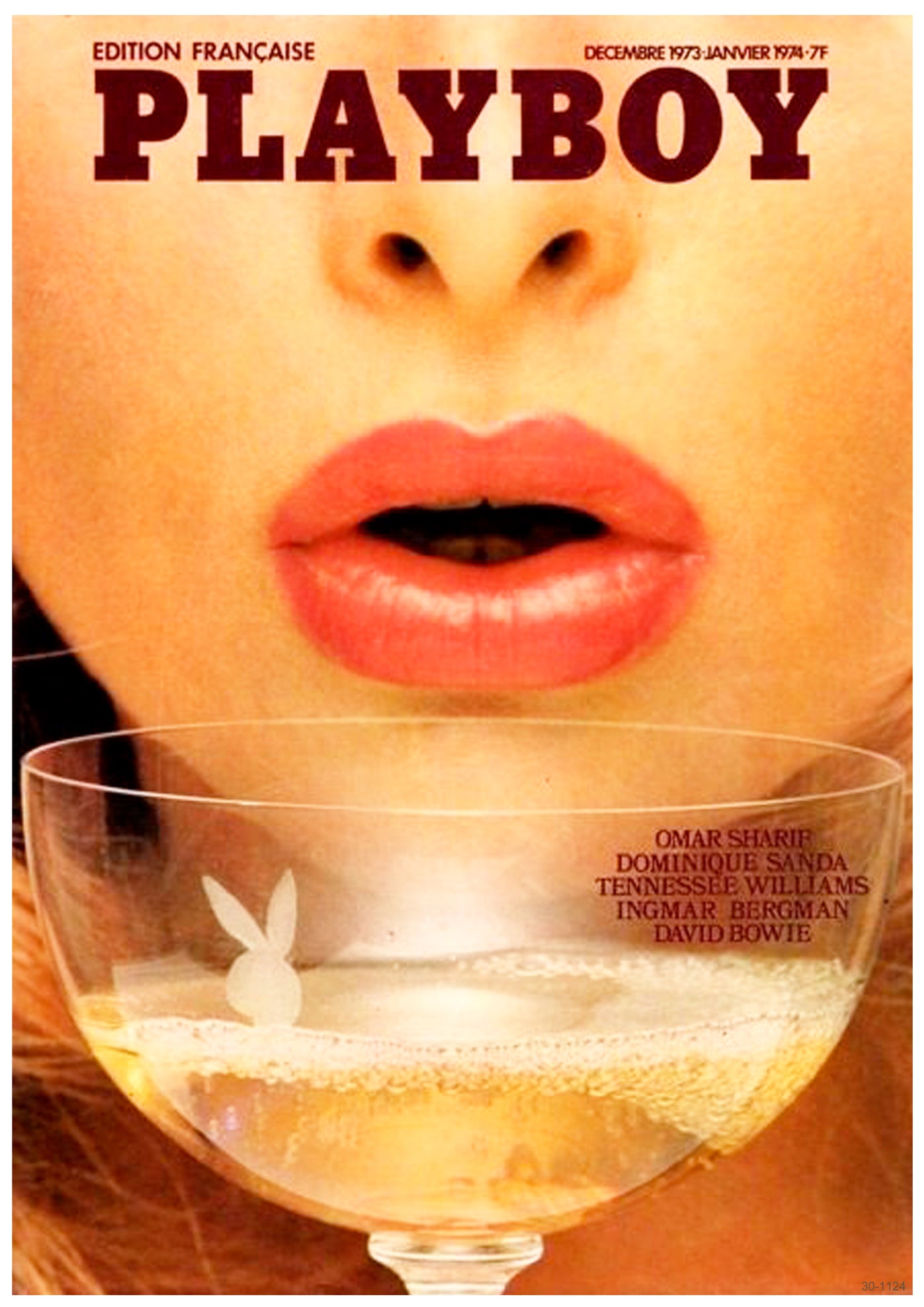 A woman’s face with parted lips hovers over a glass of Playboy Champagne by A3 175, featuring the bunny logo. "PLAYBOY" is boldly displayed at the top, with notable names listed below.