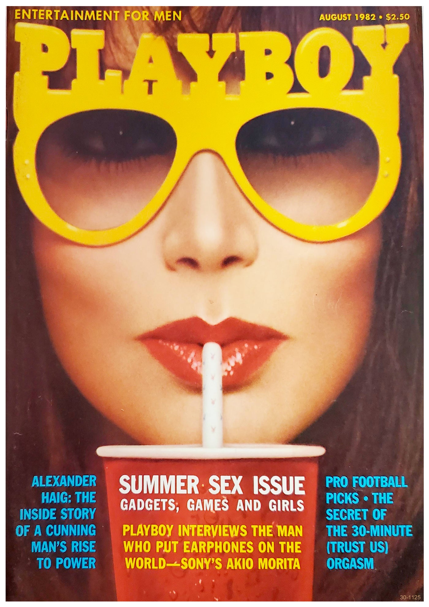 A woman in large yellow Playboy Glasses by A3 175 sips from a red straw under bold "PLAYBOY" text. The August 1982 magazine cover features articles on sex, gadgets, football, and interviews.