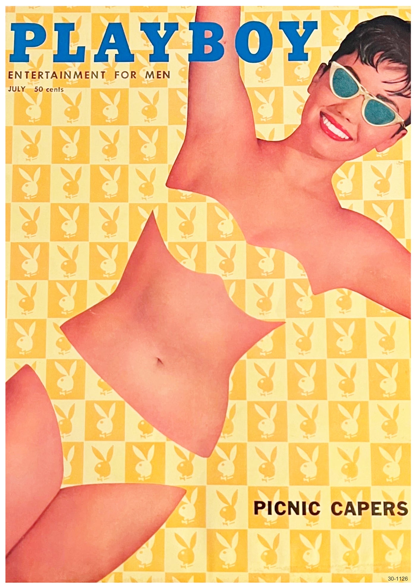 The A3 175 Playboy Picnic Capers features a vintage magazine cover showing a smiling woman in a bikini and sunglasses on a yellow backdrop with white bunny logos. The July issue headline reads "PICNIC CAPERS.