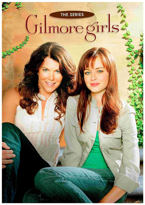 Two women sit closely together, smiling before a vine-covered wall. Above them is the title "Gilmore Girls" by A3. One has long dark wavy hair; the other has straight light brown hair with bangs.