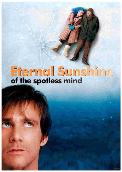 A3 poster for "Eternal Sunshine for the Spotless Mind" features a man and woman standing on ice above a close-up of a man looking up, with the film title boldly displayed in orange and black text at the center.