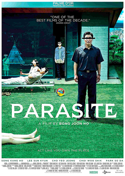 A3's "Parasite" poster features a family in a modern yard, some with black bars over their eyes, and a boy in the background. The film title and credits appear at the bottom.
