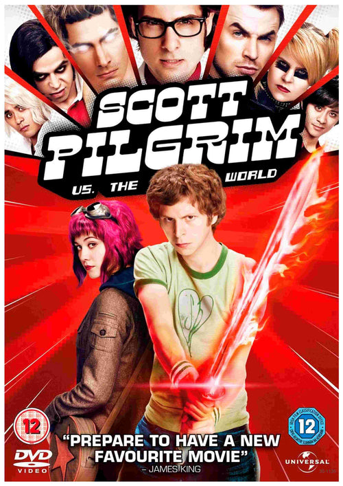A3 266's "Scott Pilgrim Vs the World" DVD cover features Scott Pilgrim holding a glowing sword in front, with a red-haired girl beside him. Other main characters appear above against a vivid red background.