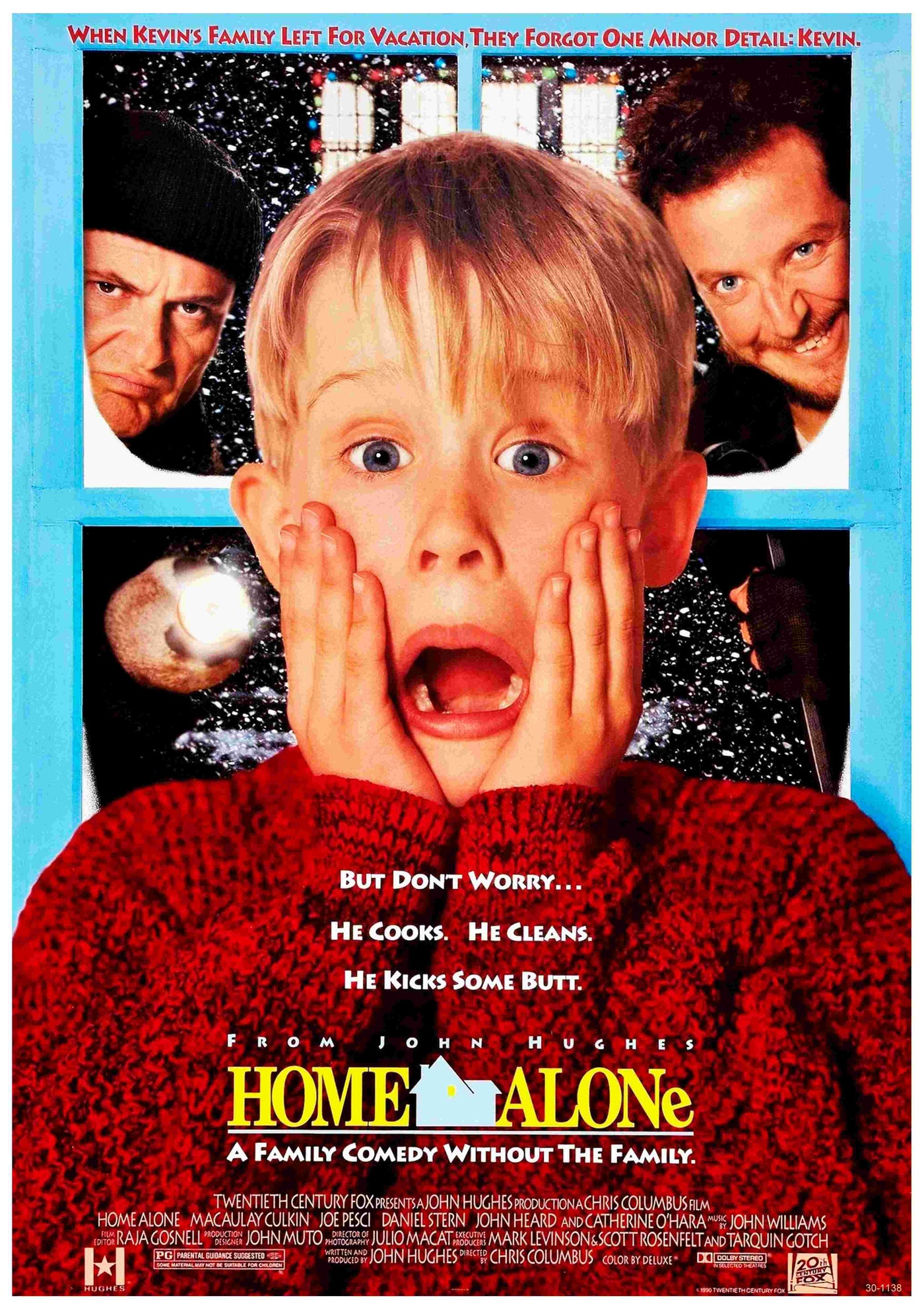 A3’s Home Alone poster features a surprised boy with his hands on his cheeks in front of a window, as two sneaky men look in from outside. The tagline reads: "A Family Comedy Without the Family.