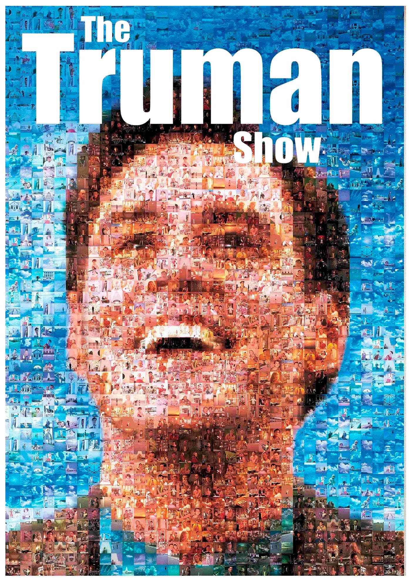A3’s "The Truman Show" poster features a mosaic of images forming a large smiling face, with the movie title in bold white letters at the top on a blue background.