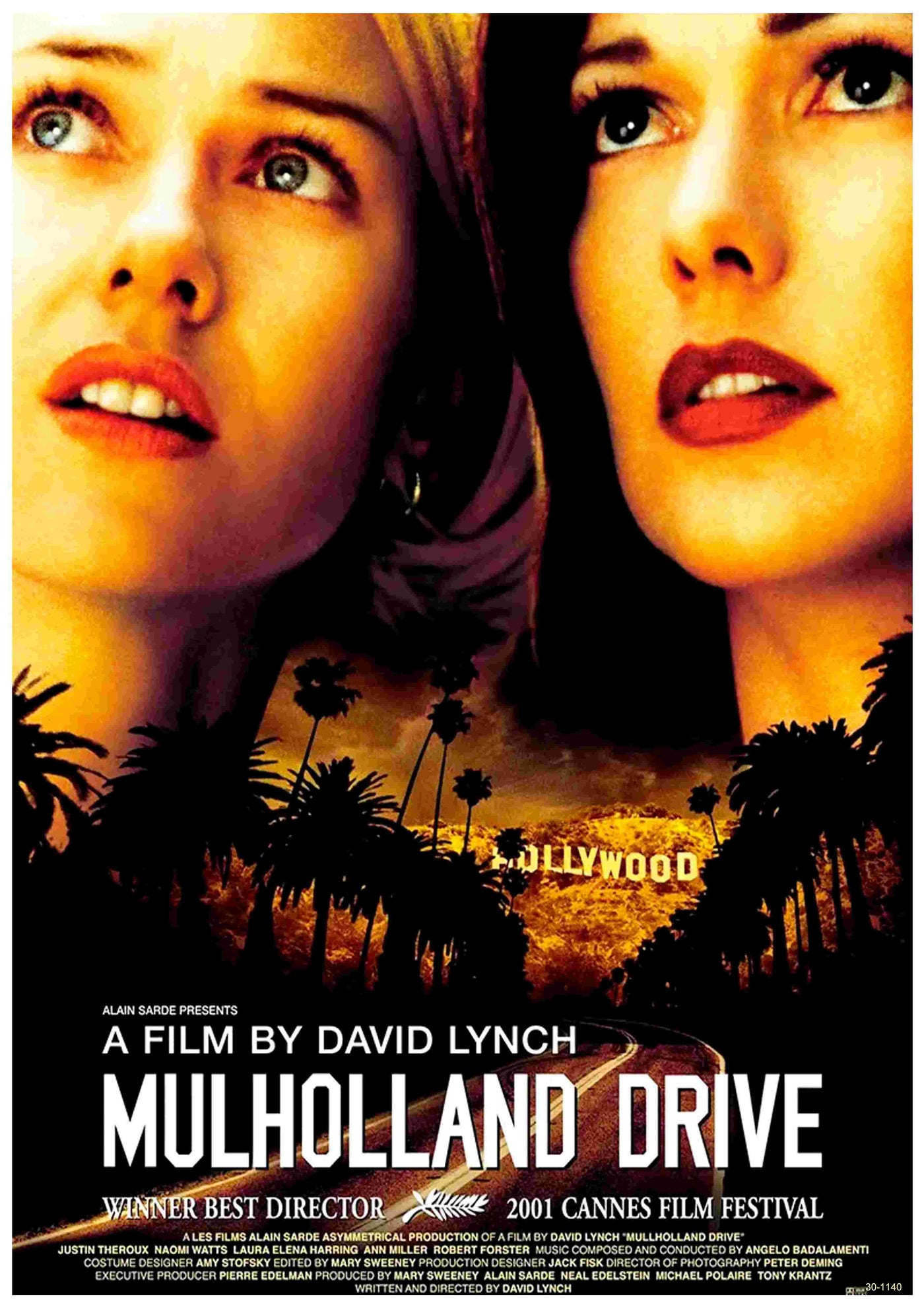 The A3 poster for "Mulholland Drive" features close-ups of two women's faces set against sunset-lit palm trees and the Hollywood sign, with film credits and festival awards displayed at the bottom.