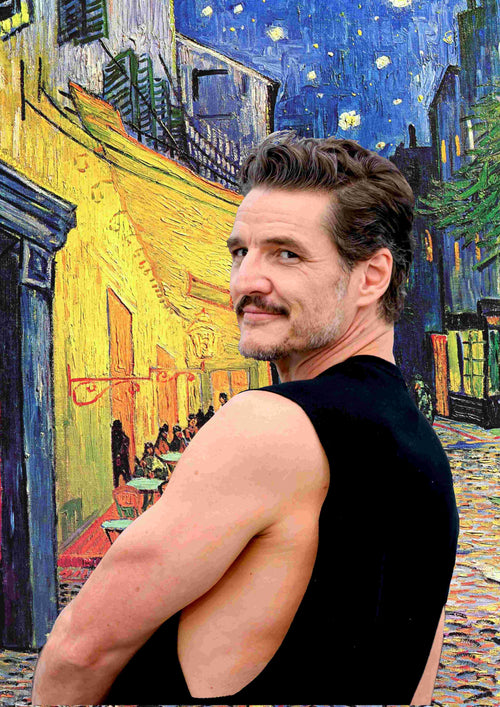 A man in a sleeveless black shirt looks over his shoulder, standing before the A3 Pedro Cafe Terrace Place De Forum poster—an artistic pop culture print inspired by Van Gogh, on high-quality satin paper for vivid color and detail.
