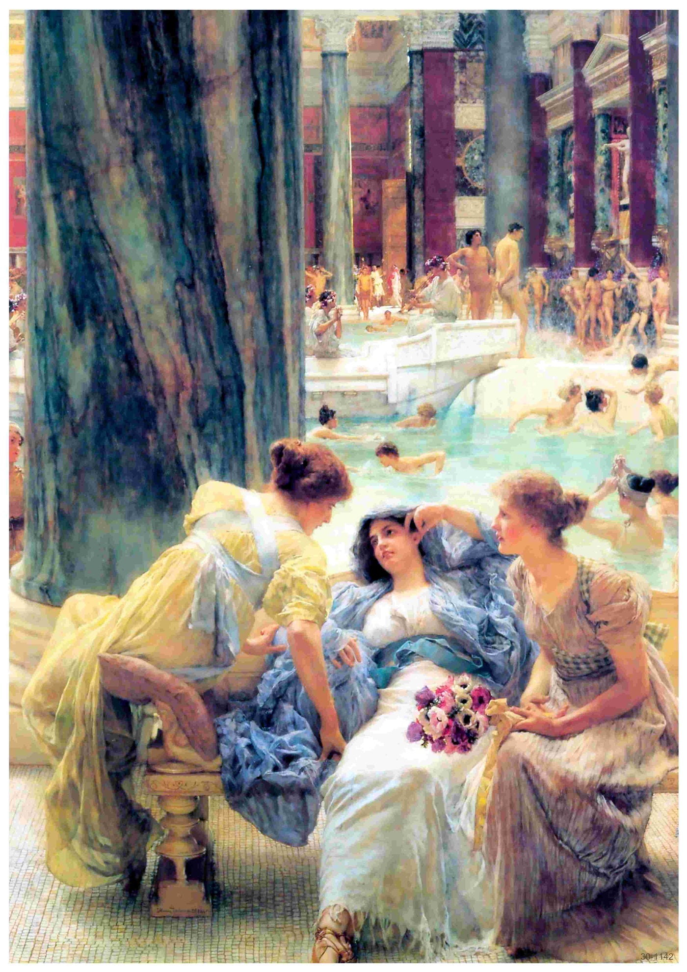 Three women in Roman-style dresses converse in a grand bathhouse in "The Baths at Caracalla by Lawrence Alma-Tadema," available from Y—ideal as a classic art A3 poster on satin paper.