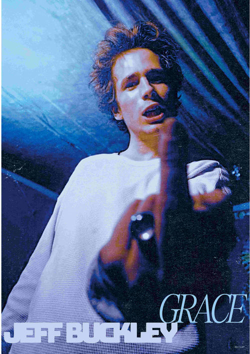 The Jeff Buckley Grace poster by Blue Dog Posters shows a man with tousled hair in a white shirt under blue lighting, gazing at the camera and raising his middle finger. "JEFF BUCKLEY GRACE" is boldly printed below. Printed on premium Satin Paper (A3).