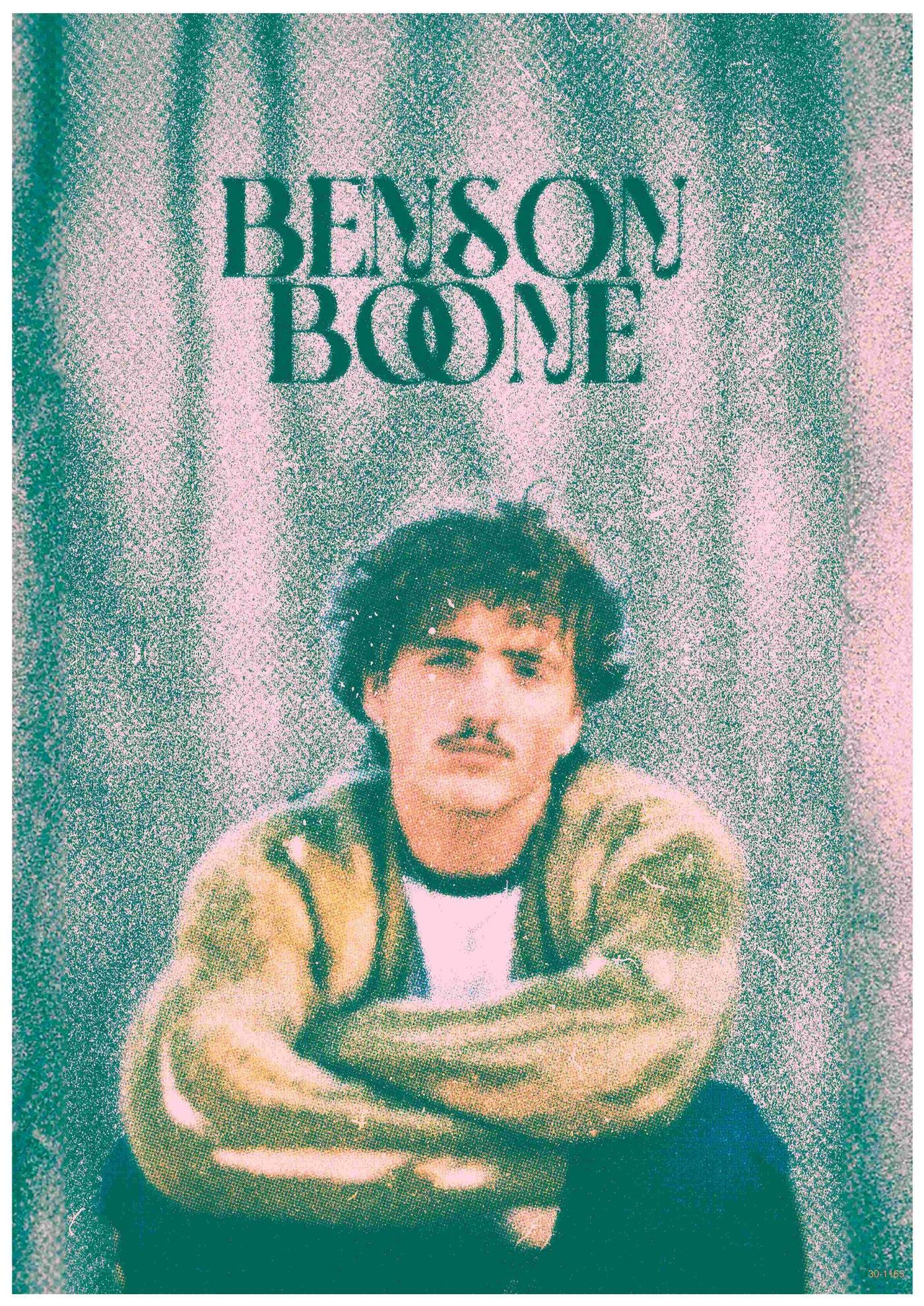 This stylized Benson Boone music poster by Blue Dog Posters features a man with wavy hair and mustache, arms crossed in a jacket, under bold lettering. The grainy background with blurred lines is ideal for A3 posters or satin paper prints.